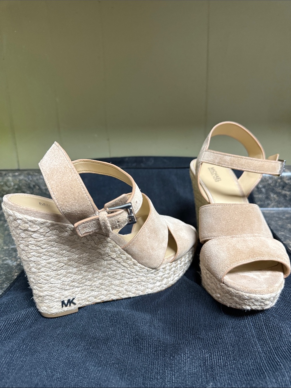 Michael Kors Neutral Beige Suede Espadrille Wedge Sandals